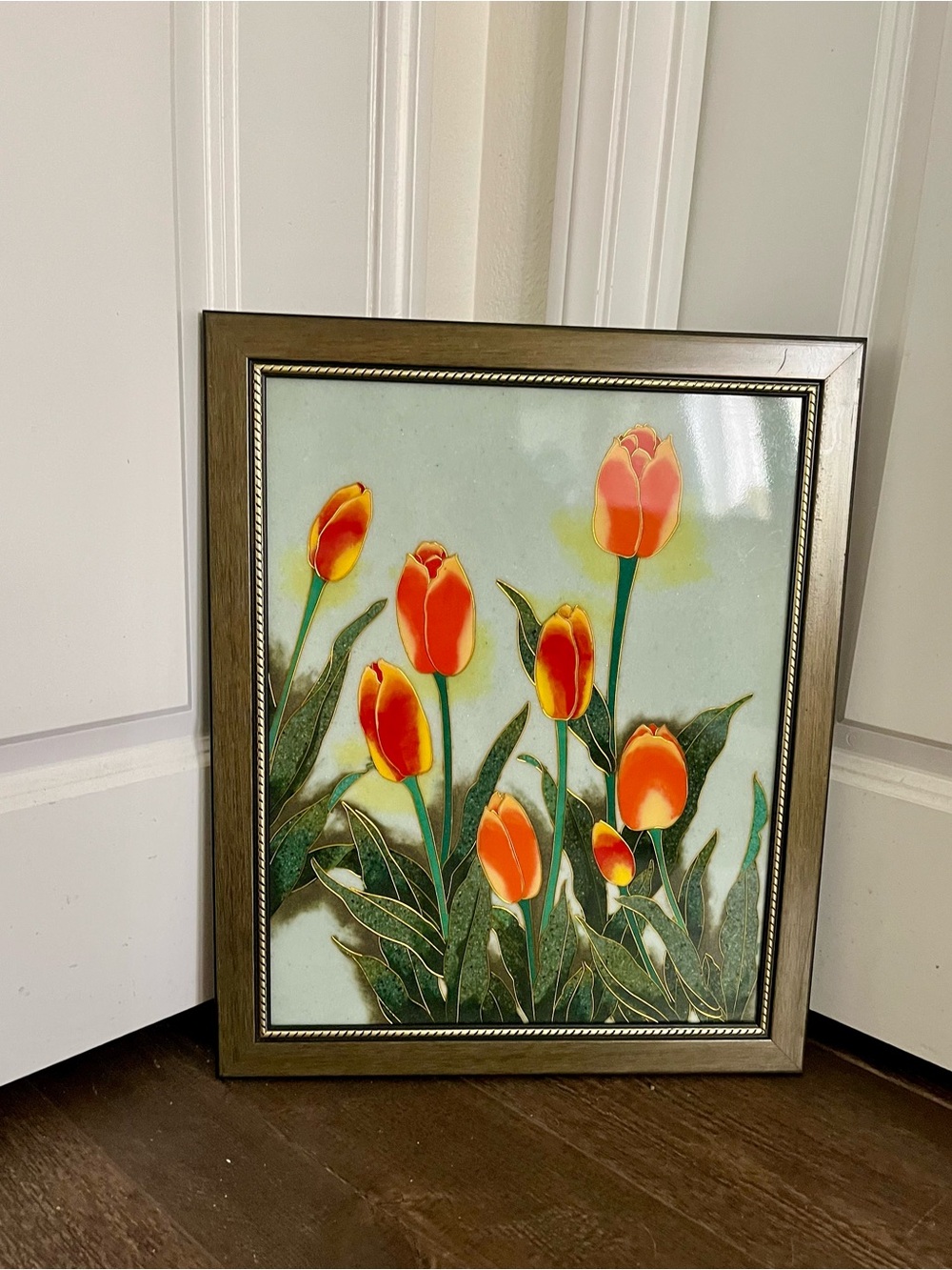 Vintage Contemporary Ceramic Tile Art Arrangement Of Orange And Yellow Tulips